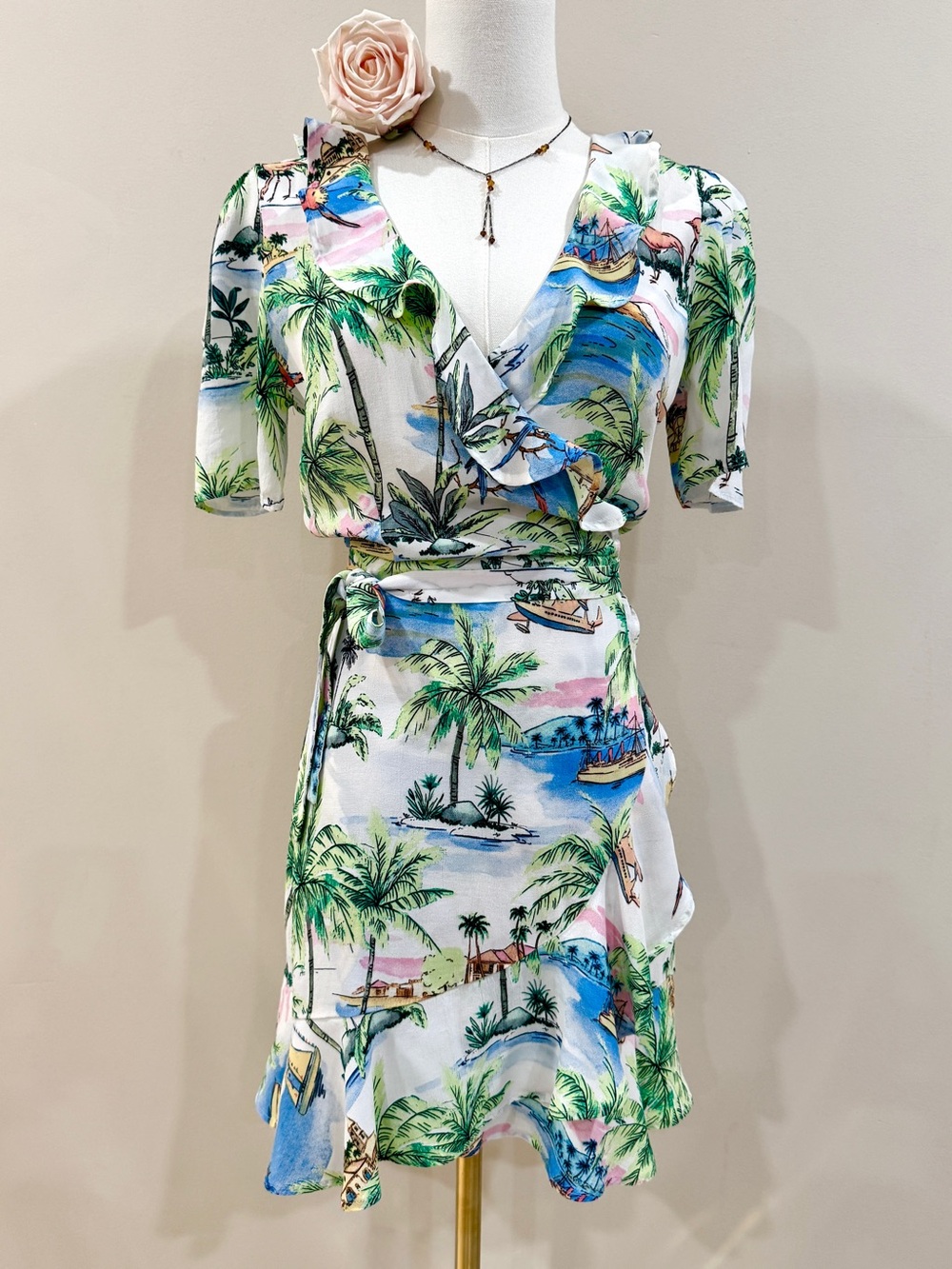 Zara Tropical Ruffle Wrap Mini Dress Palm Print Resort Summer Size S